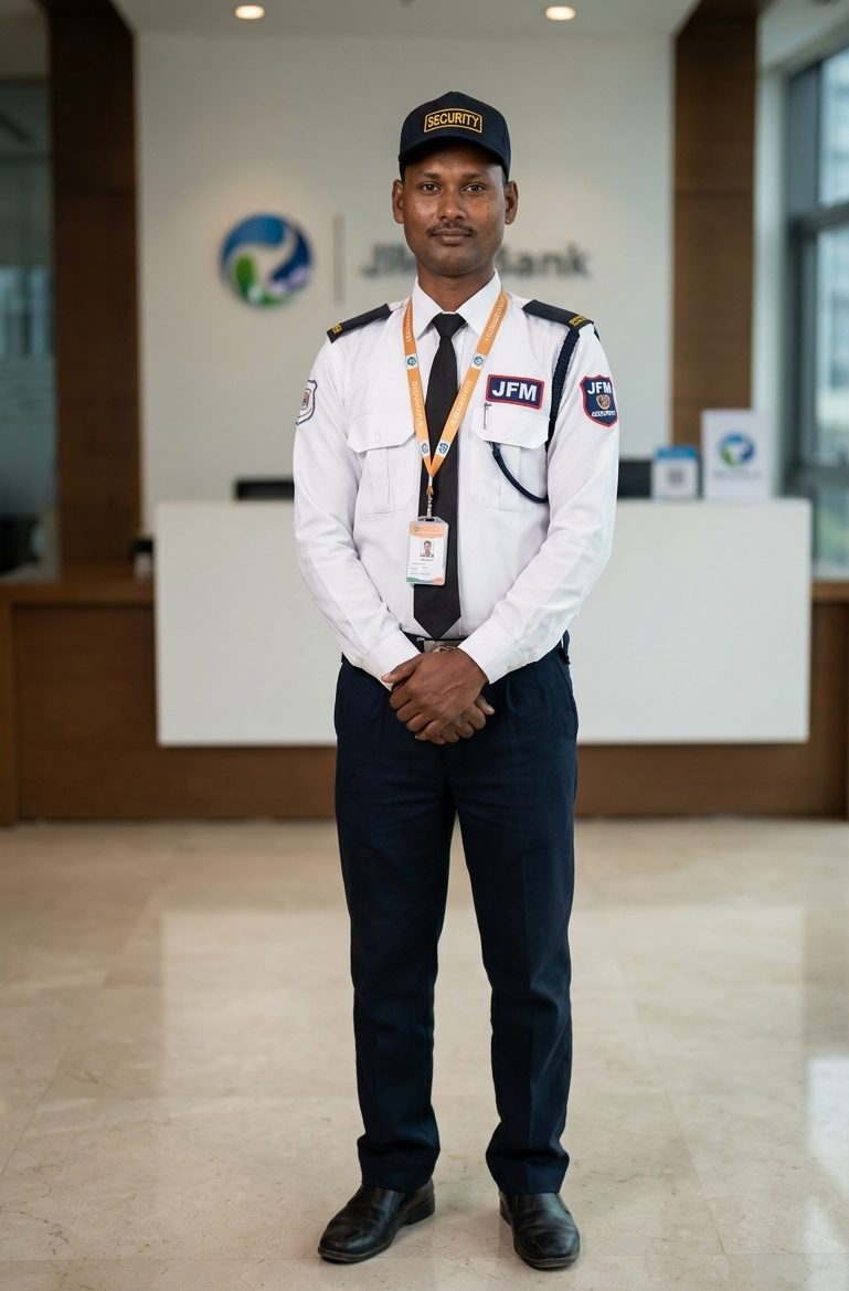 A guard on post in an office reception lobby